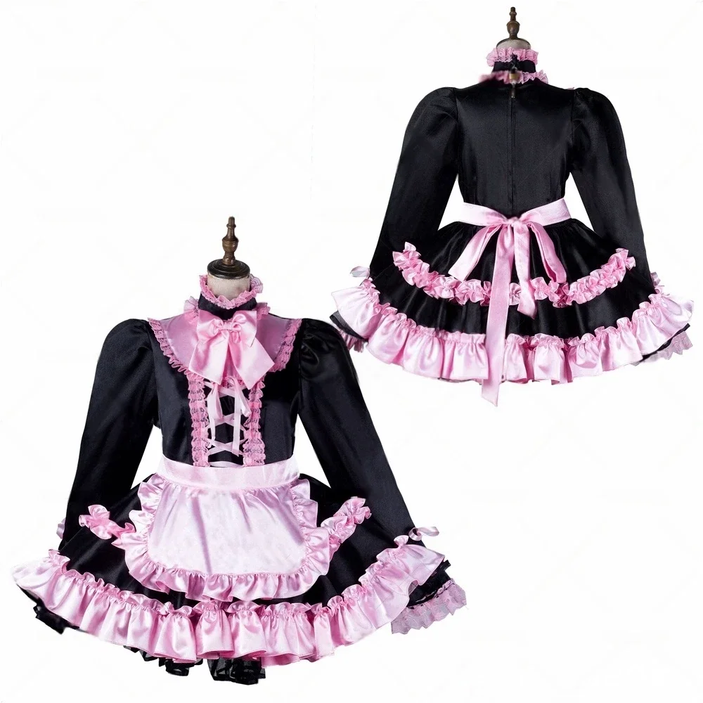 

Sexy Sissy French maid black satin lockable long sleeved ruffled dress cosplay costume customizable