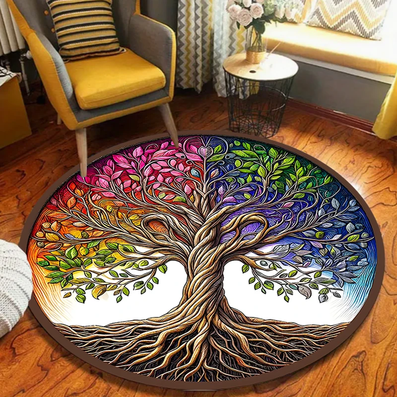 Tree of Life Pattern Round Area Rug European Luxe Home Decor Carpet Soft Non-Slip Floor Mat for Living Room Bedroom