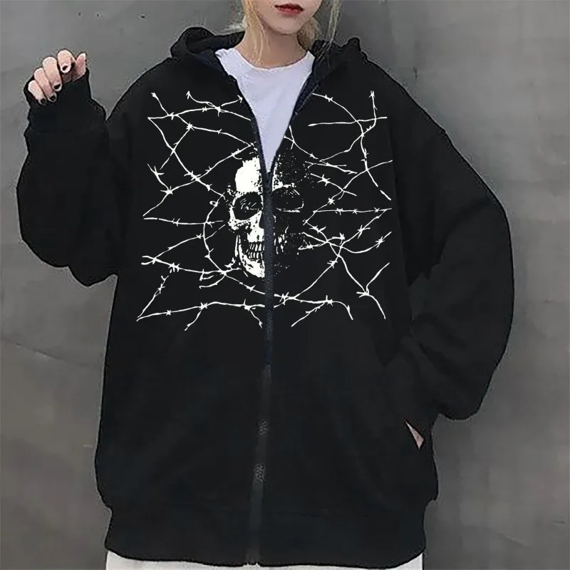 Autumn Winter Y2k Casual Vintage Gothic Fashion Print Zip Up Hoodies Hip Hop Harajuku Coats Loose Hooded Sweatshirt Women Kpop