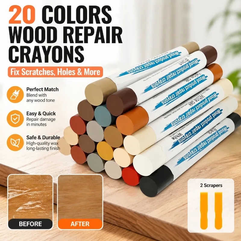20 Colors Furniture Repair Wax Crayons Touch Up Stick No Sanding Needed Laminate Wood Panel Retouch Pen Scratches Nail Holes