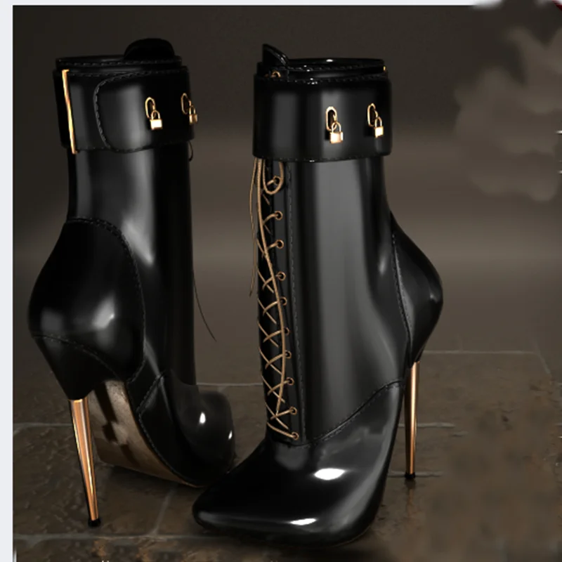 Black Lace Up Mid Calf Glitter Boots Thin High Heel Pointed Toe Fashion Sexy 2024 Winter Big Size Woman Shoes Zapatillas Mujer