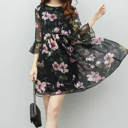 Elegant O-Neck Spliced Loose Printed Ruffles Mini Dress Women's Clothing Summer New Office Lady Flare Sleeve Floral Dress