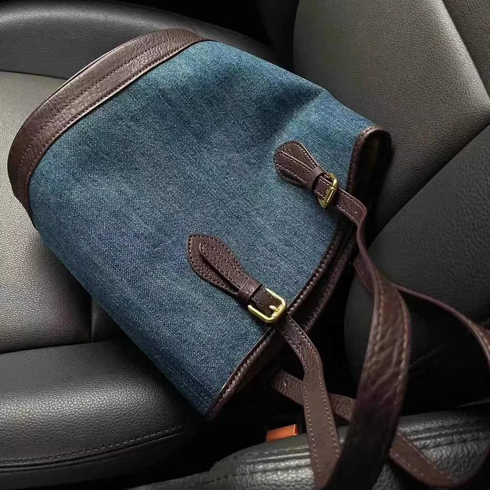 

Chic Denim Cloth Bucket Bag for Women 2025 New Vintage Large Capacity Handbags Elegant Commute One Shoulder Underarm Bags