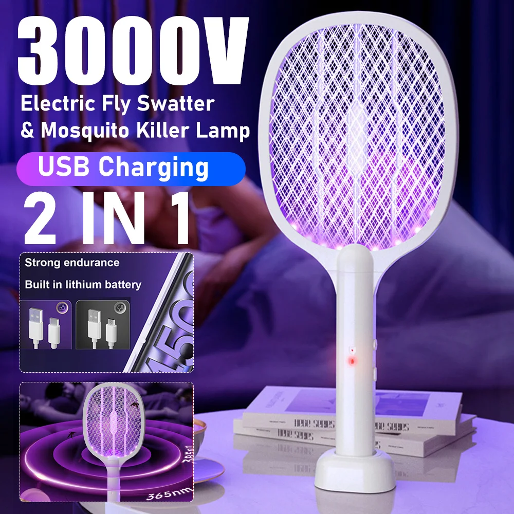 2 in 1 Rechargeable Electric Fly Swatter Handheld Fly Killer Mosquito Trap Lamp for Home Office Backyard Patio Camping