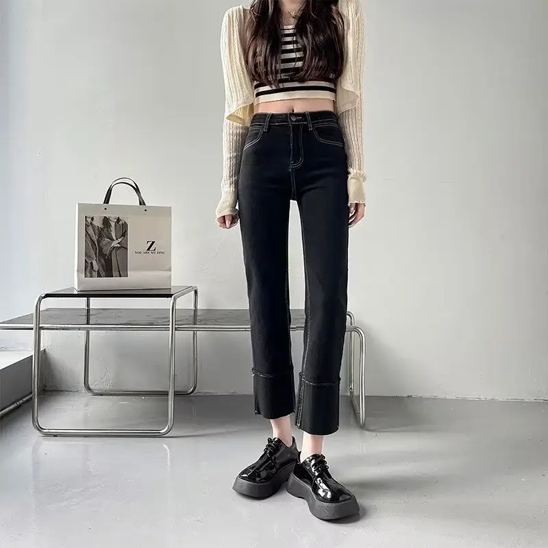 

Джинсы-труба женские с высокой талией, эластичные, стройнящие, свободного кроя, прямые, весна-лето, длина 7/8