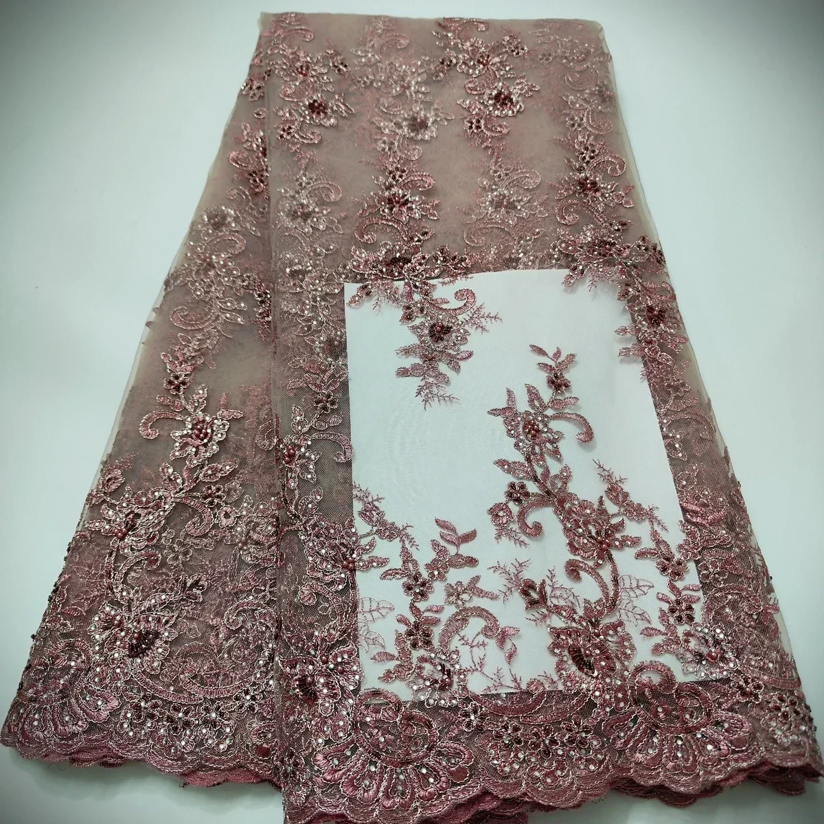 Luxury Pink French Handmade Beads Tulle Lace Fabric 2024 High Quality African Sequins Lace Fabric For Wedding Dress Sew KWH23109