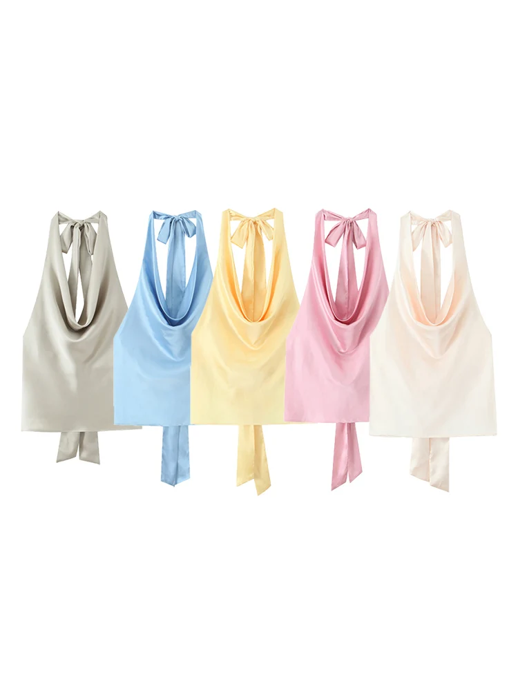 

KUCLUT женские модные однотонные плиссированные топы с открытой спиной на шнуровке винтажные женские шикарные топы без рукавов с лямкой на шее