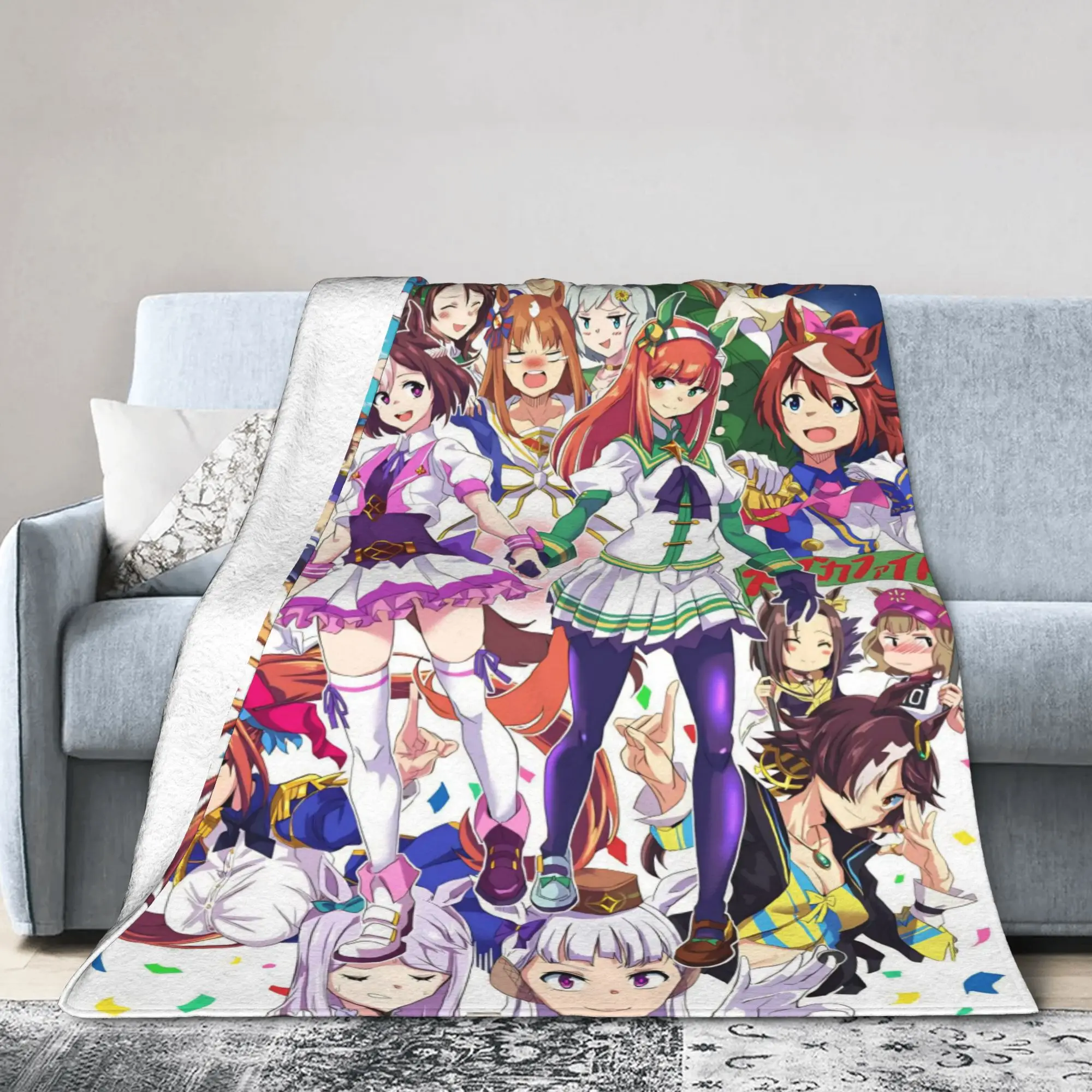 Uma Musume Pretty Derby Flannel Blankets Kawaii Game Funny Throw Blanket for  Sofa Bedding Lounge 125*100cm Rug Piece