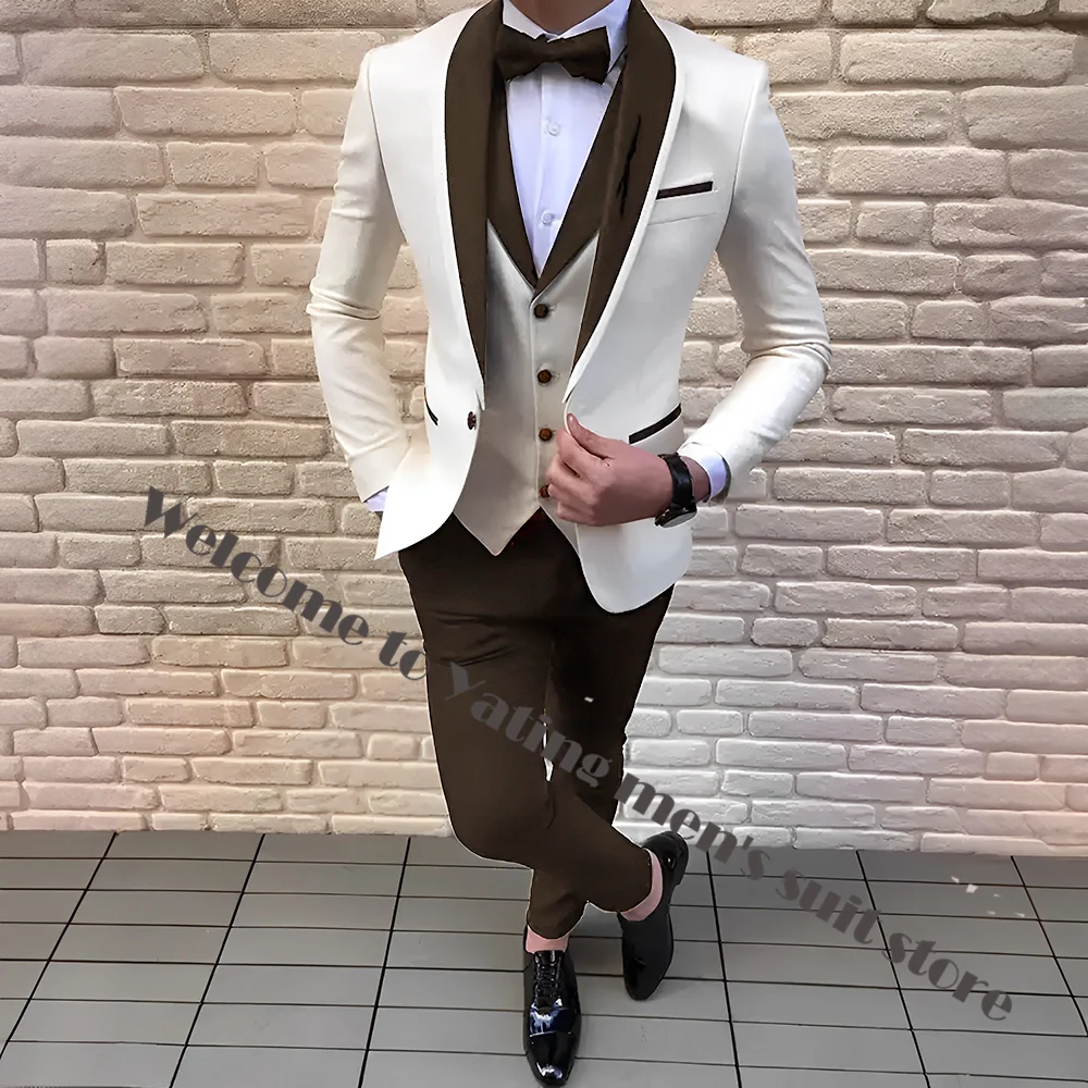 Handsome Men Suits 3 Pieces Ivory Blazer Sets Red Shawl Lapel Groomsmen Formal Party Suit Groom Tuxedo For Wedding