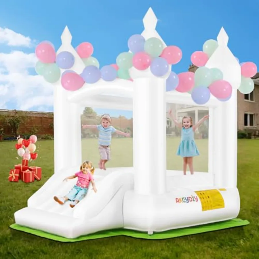 

Белый надувной батут-замок для малышей 2-8 лет с горкой, надувными элементами и воздуходувкой, из сверхплотного материала