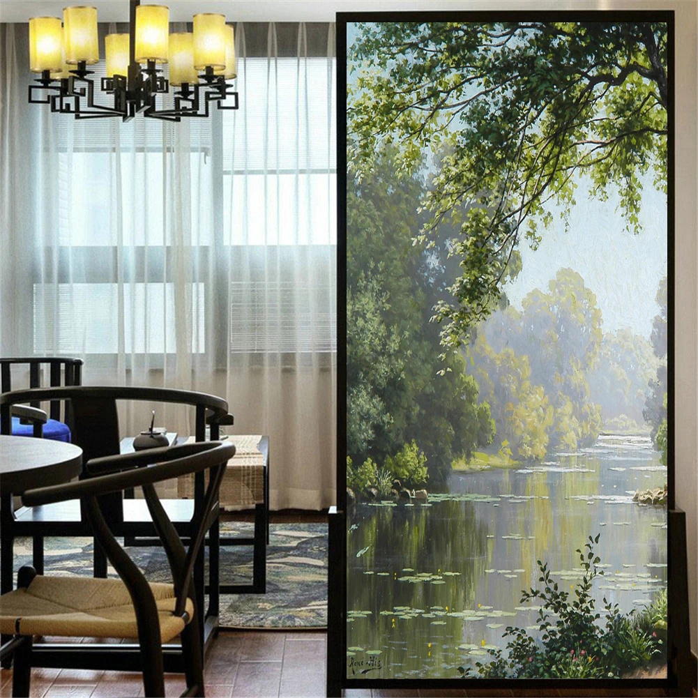 Privacy Windows Film Decorative Forest Creek Painting Stained Glass Window Stickers No Glue Static Cling Frosted Window Cling