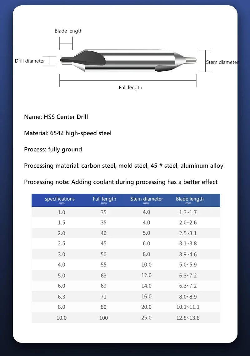 HSS Combined Center Drill Bits 60 Degrees Core Drill Bit 1.0-6.0mm Metal Drilling For Power Tool HSS-Co Ti-Coated Dril