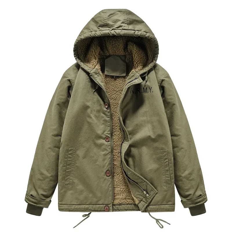 

Retro Thickened Military Cotton Padded Mens Jacket Autumn Winter Long Sleeve Hooded Coat Zipper Outerwear Male Tops Size 5XL