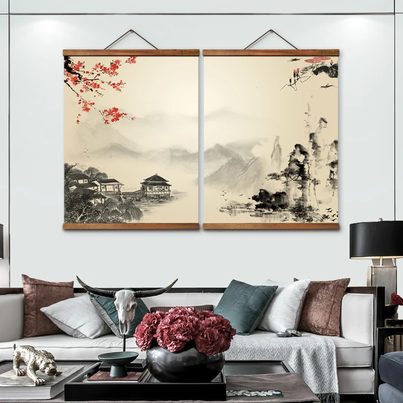 AS3077 Chinese Style Plum Landscape Living Room Wall Art Canvas Posters Chinese Solid Wood Scroll Paintings