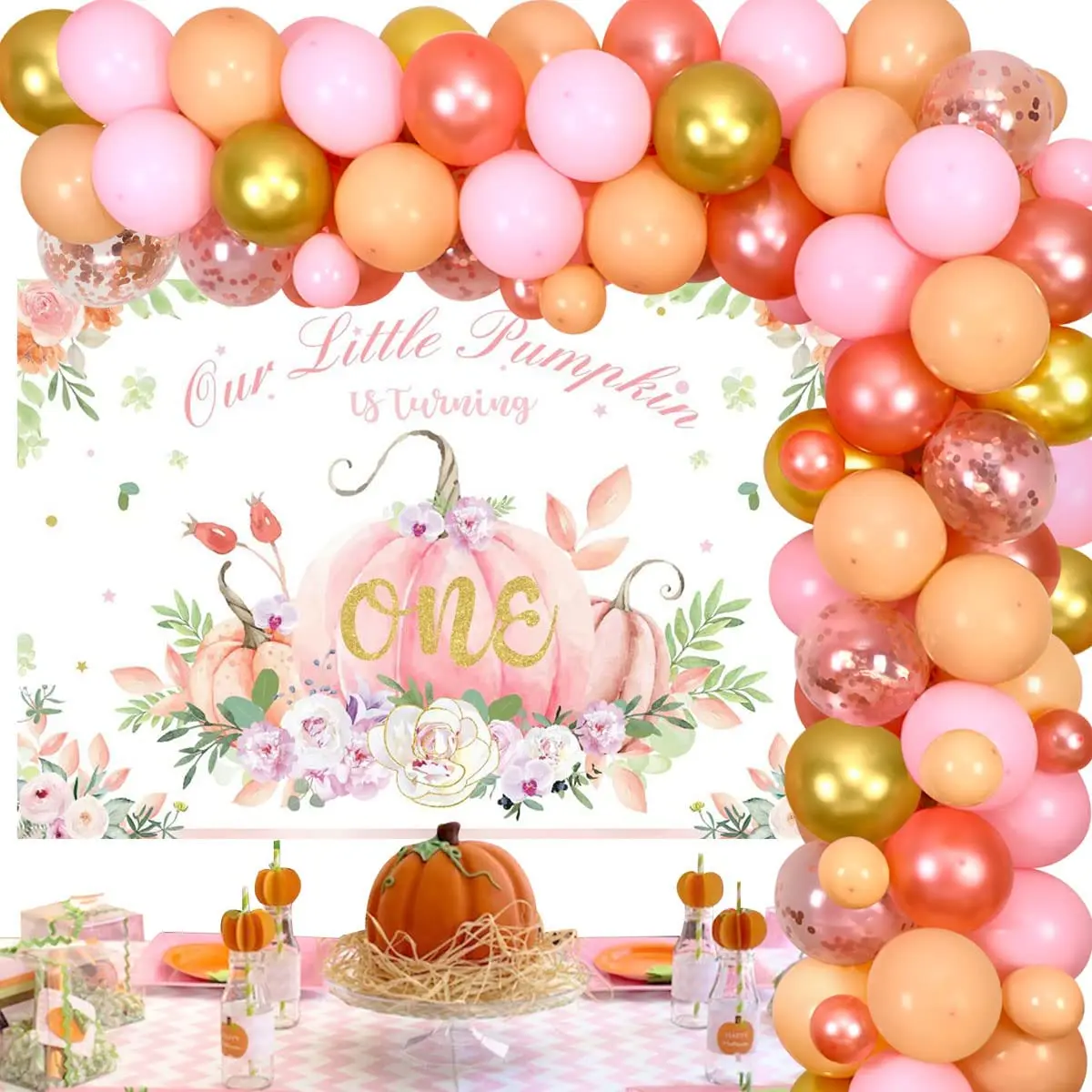 Sursurprise-Pink Little Pumpkin 1st Birthday Decorations for Girl, One Backdrop Balloon Kit, Thanksgiving Party Supplies