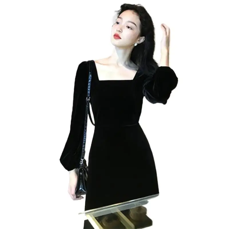 Solid Velvet Women Long Dress Autumn Winter Square Collar Puff Full Sleeve Dress Lady Elegant Dress Vestidos clothes for women