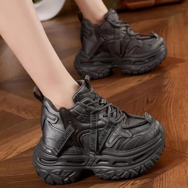 

Women's Fleece Lined Genuine Leather Dad Shoes High Top Thick Bottom Casual Fashion Shoes Warm Cozy Spring Autumn Winter