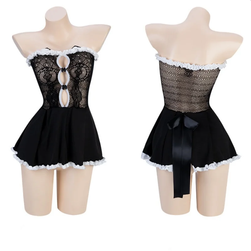 Gato sexy Lingerie Anime Cosplay Traje, Lace Mesh Lolita Dress, Vestido Kawaii, Conjunto de meias francesas