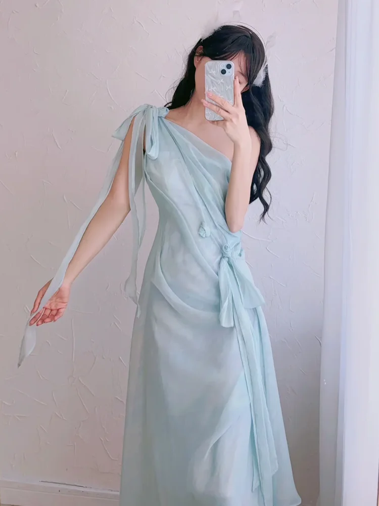 

Elegant Summer 2026 Women's Gown with Belt High Waist Chiffon No Sleeve A-Line Silhouette Fairy Skirt Style Cotton Polyester