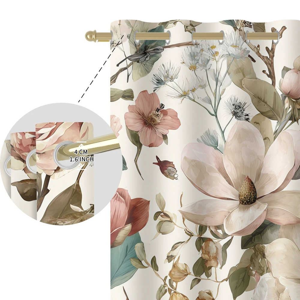 Botanical Floral Print Grommet Blackout Curtains 2 Panels, Watercolor Flower Thermal Insulated Light Blocking Drapes for Bedroom