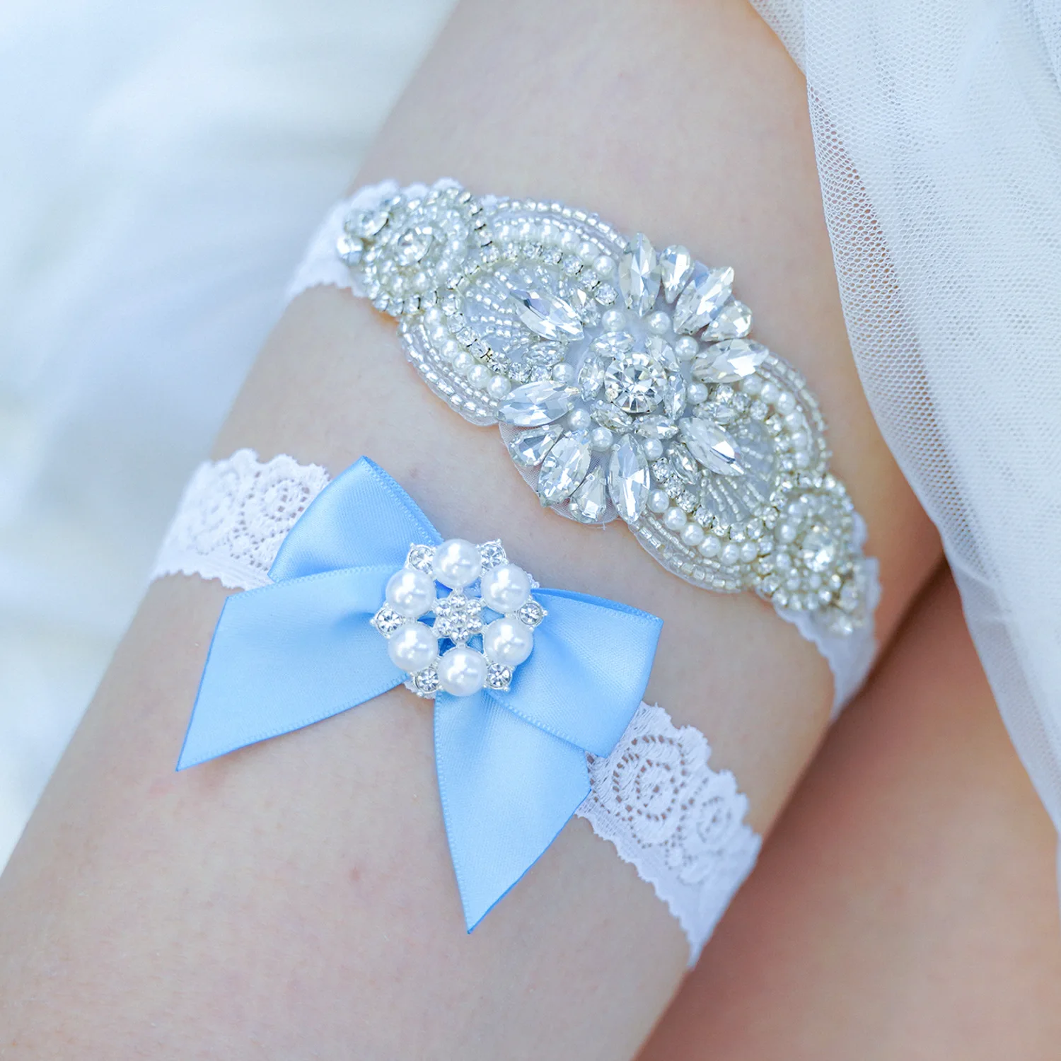 Lace Leg Wedding Bridal Garters Bride Silver Rhinestones Pearls Women Thigh Decoration Ring