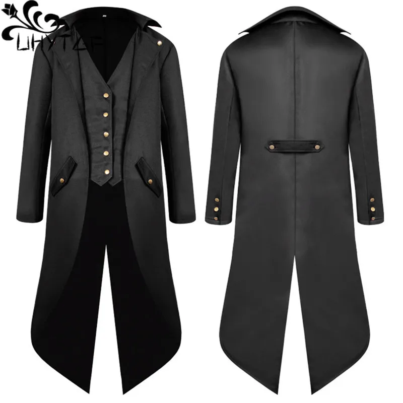 

Men Tuxedo Coat Gentleman Tailcoat Solid Color Long Sleeves Gothic Outewear Single Breasted Split Male Jacket For Halloween 2982