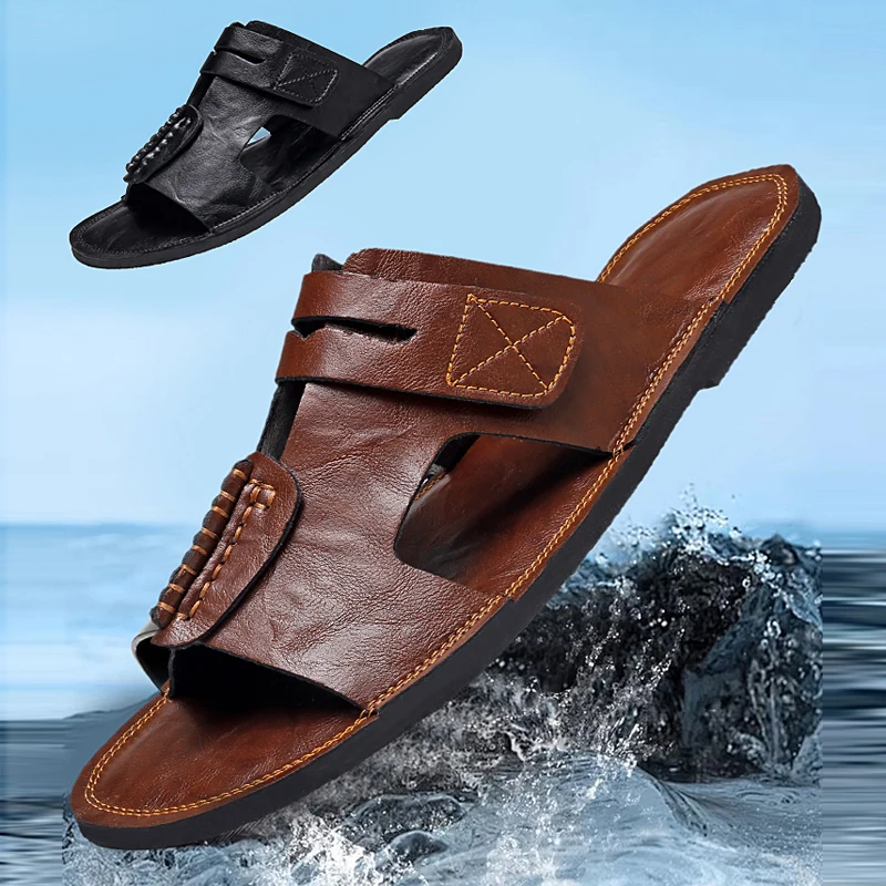 Large Size Premium Leather Sandals Men's Summer New Anti-Slip Beach Shoes Outdoor Casual Slip-On Sandals Breathable Flat Heel