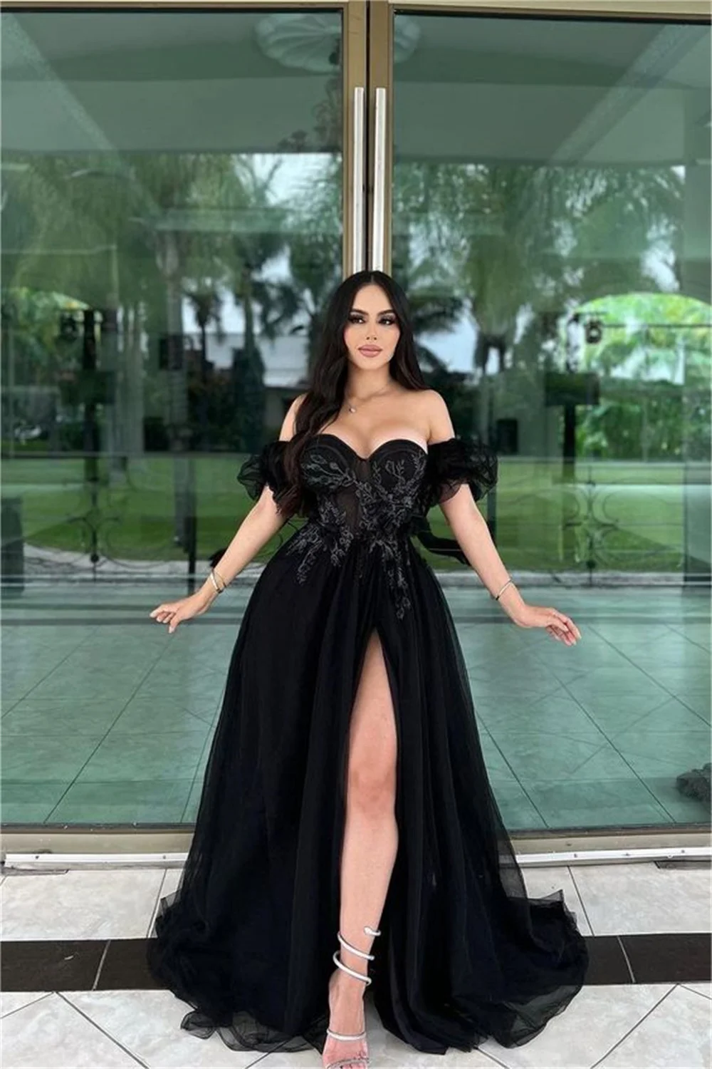 Sansa Black فساتين السهرة Princess Sweetheart Short Sleeve Vestidos De Noche Side Split A-line Tulle Prom Dresses 2024