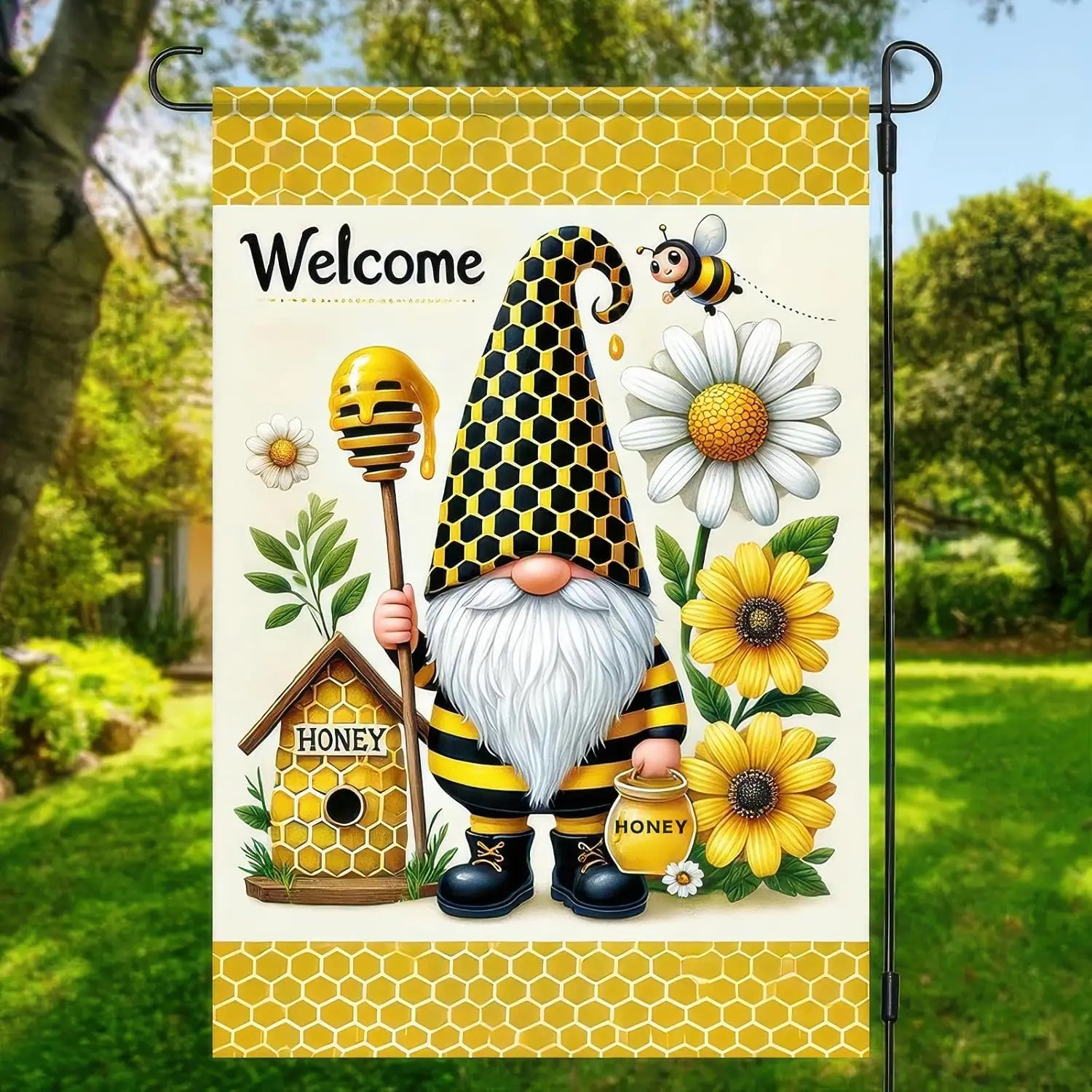 Welcome Spring Garden Flag Double Sided 12x18 Honey Bumble Bee Gnome Garden Flag Summer Yard Outdoor Home Decorative Lawn Ou EEZ