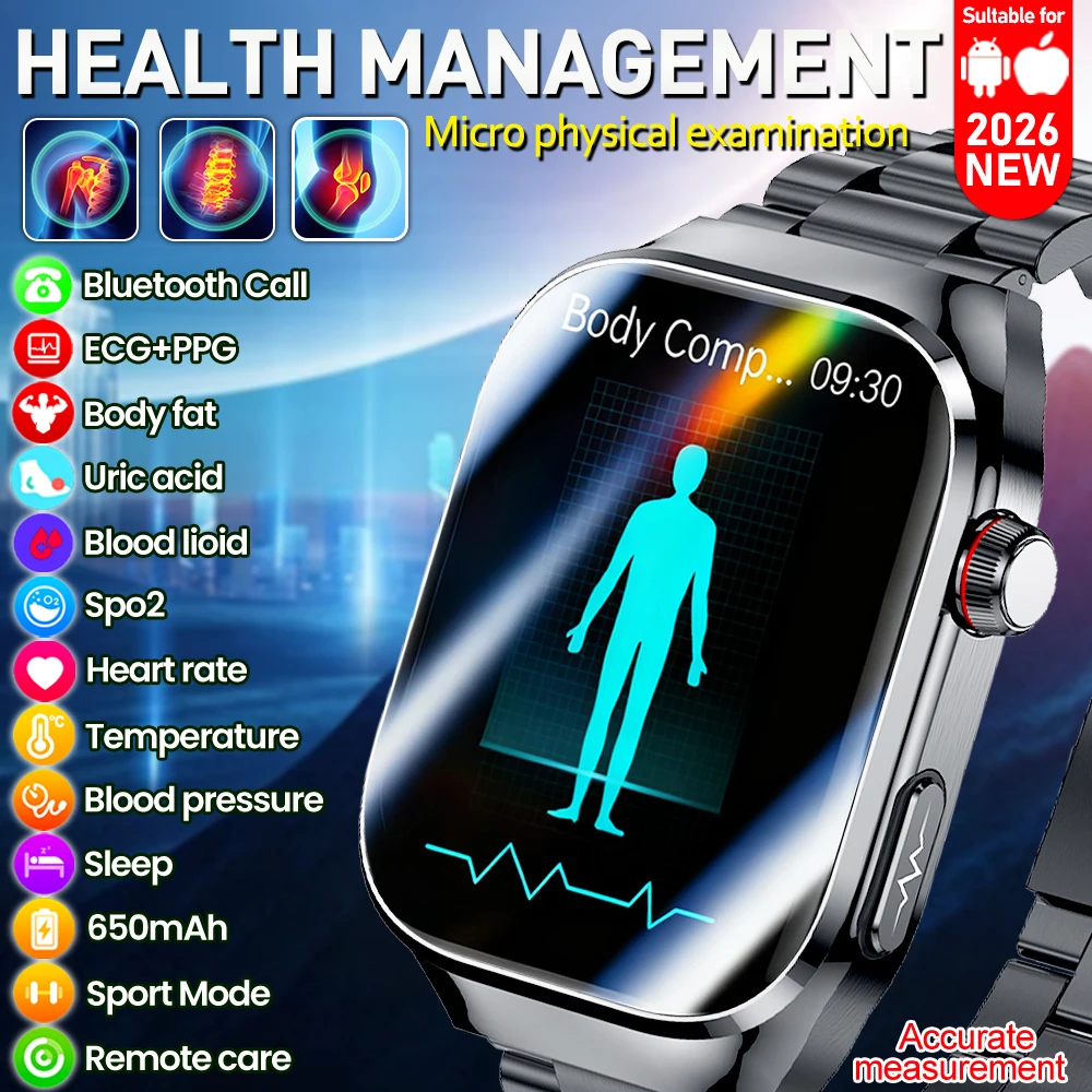 

2026 New Body Fat Analysis Health Smart Watch ECG+PPG Uric Acid Blood Pressure Blood Oxygen Clock Call Smart Watch For Men Women