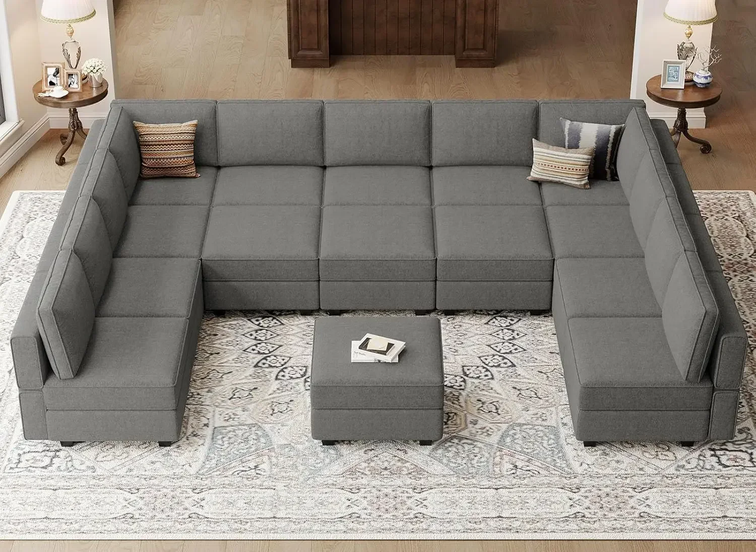 Oversized U Shaped Modular Sectional Convertible Sleeper Storage Sofa Bed Couch Light Grey