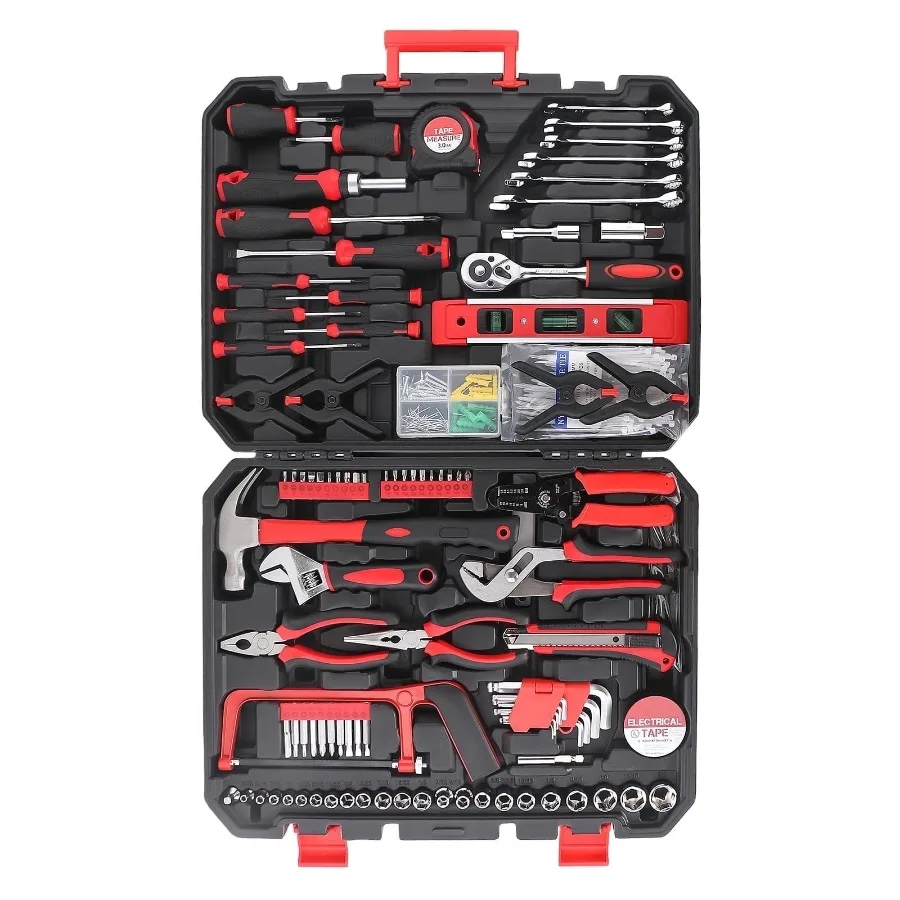 

328-Piece Mechanics Tool Set with Case 1 4" and 1 2" Drive Wrenches Professional Tools Kit for Car Repair Red