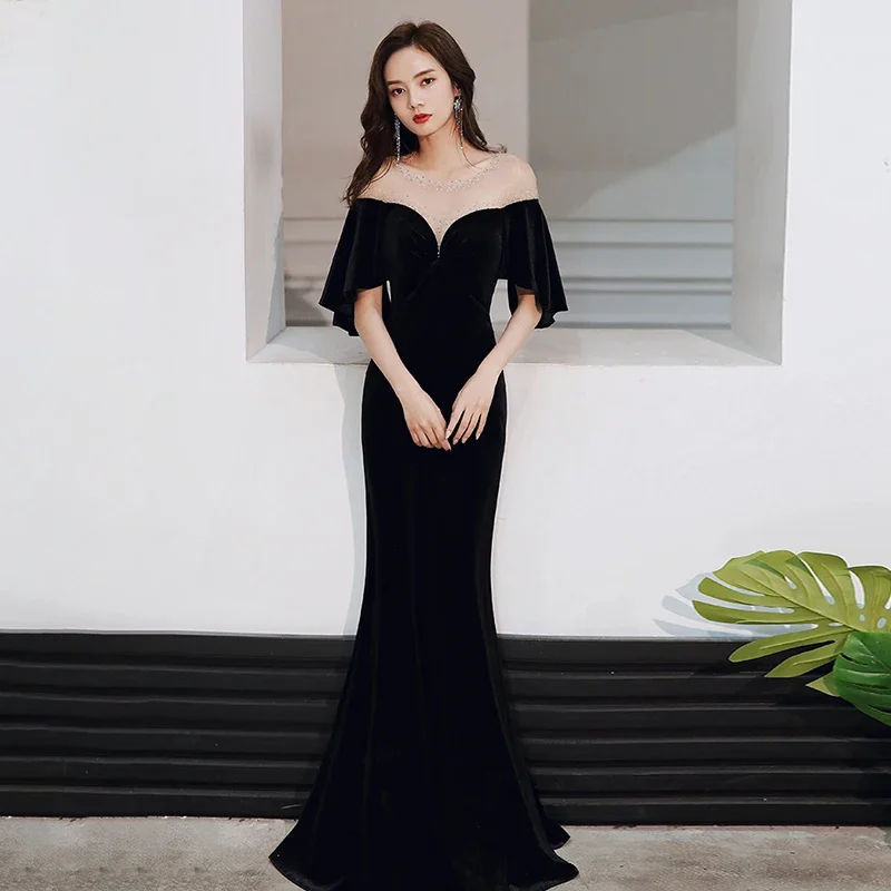 Evening Dresses Beads Black Velvet O-Neck Short Sleeves Zipper Floor Length Trumpet Plus size Woman Formal Party Gowns A135