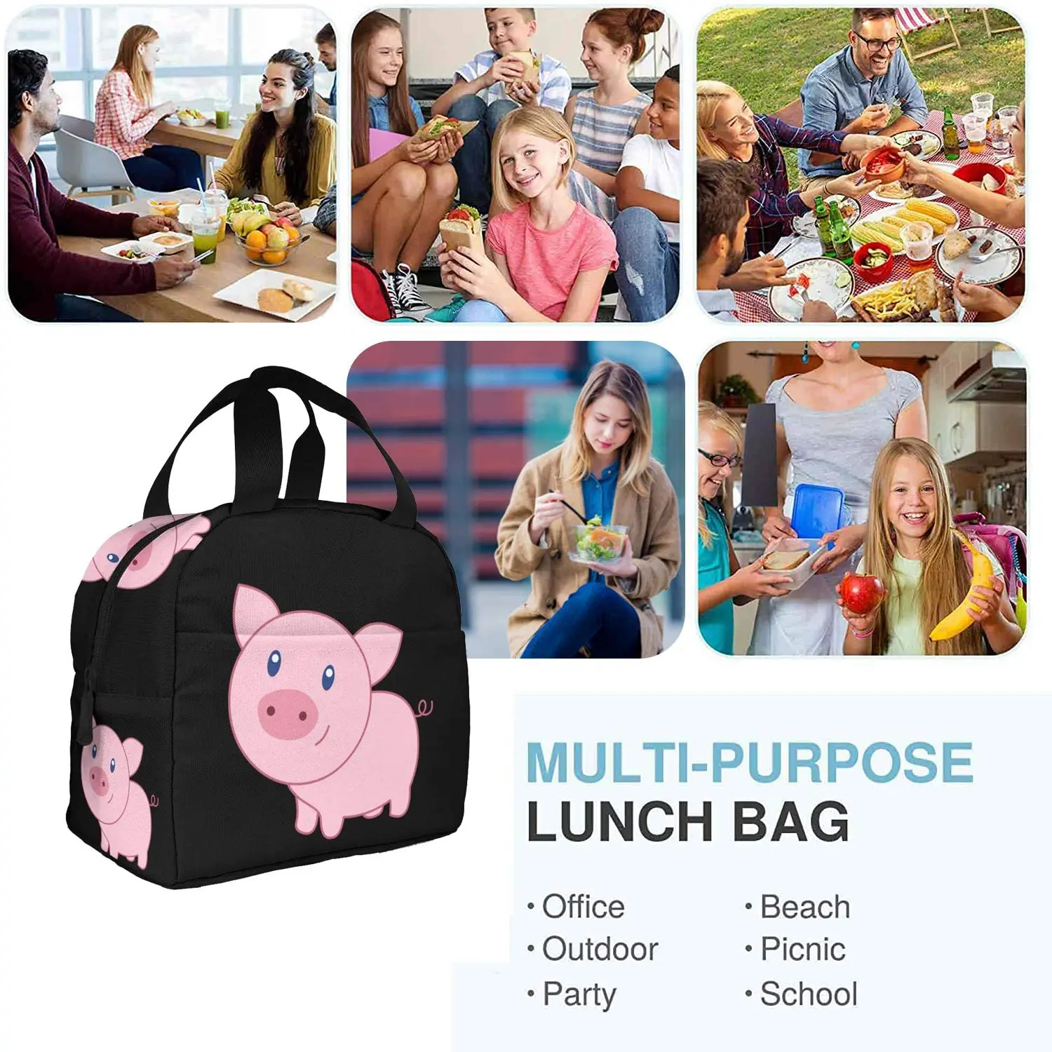 Cute Cartoon Pig Lunch Bags for Women Men Insulated Lunch Box Bento Tote Bag with Front Pocket for Office School Picnic