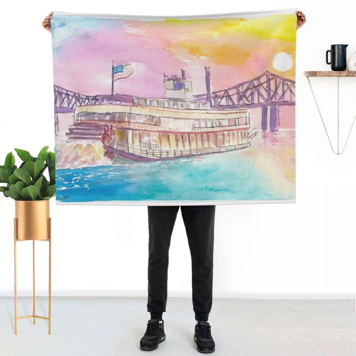 Mississippi Steamboat Cruising on Ol Man River into Sunset Throw Blanket Warm Accent Blanket for Living Room Decoration