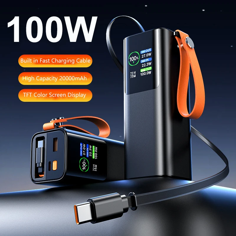 

Power Bank 20000mAh with 70CM USB C Cable TFT Screen 100W Fast Charging for Laptop iPhone 16 15 Samsung Huawei Xiaomi Powerbank