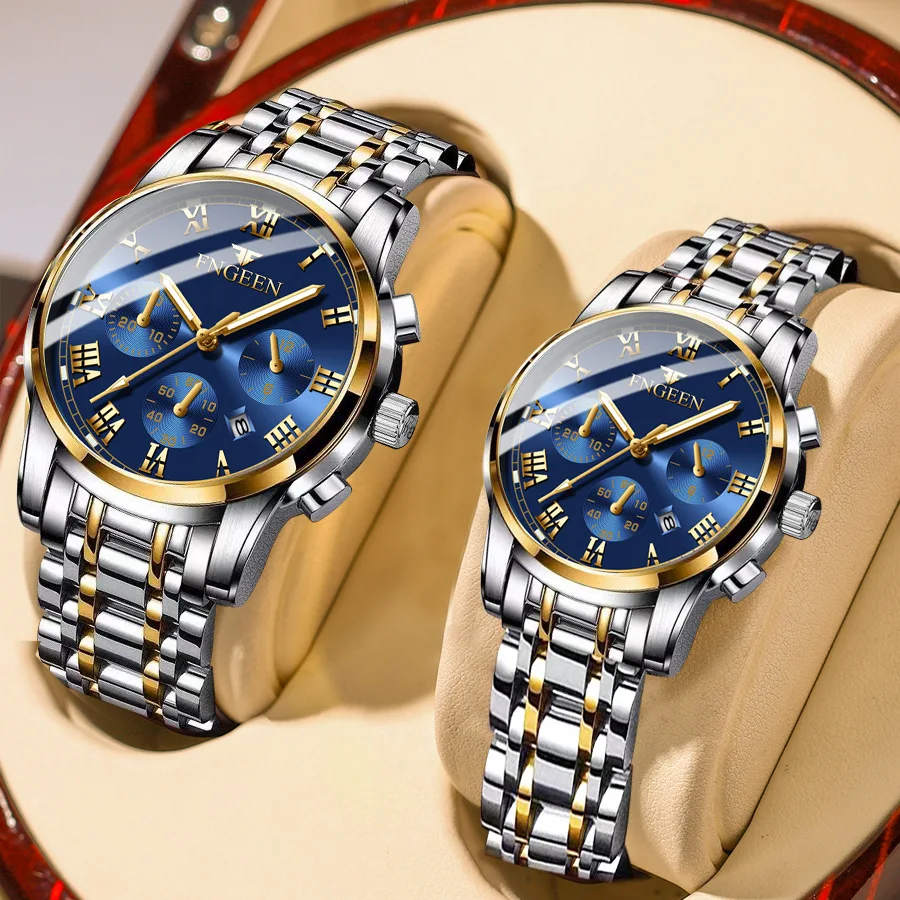 Fngeen Fashion Couple Horloges Voor Mannen Vrouwen Roestvrij Staal Quartz Horloges Topmerk Luxe Kalender Klok Liefhebbers Polshorloge