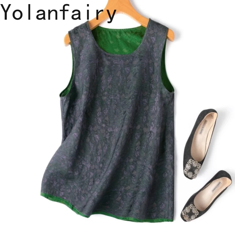 YOLANFAIRY 2025 Summer Tops Woman Clothing Light Luxury 100% Mulberry Silk Tank Top Jacquard Sleeveless Vest Reversible Tops 민소매