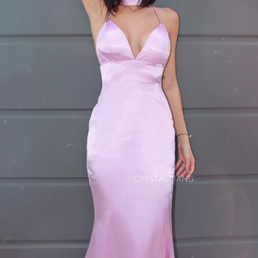 

Evening Dresses Long V Neck Satin Natural Waist Sleeveless Backless A Line Sheath Sweep Train Vestidos Para Eventos Especiales