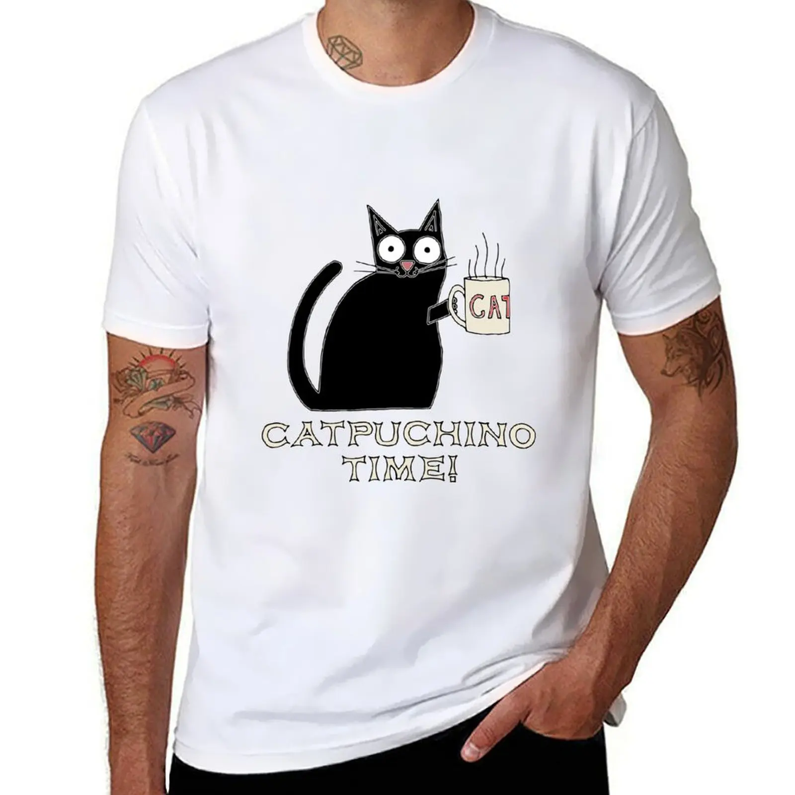 

Футболка Funky Catpuccino Time, мужская однотонная футболка для мужчин, хлопковые забавные футболки, темный юмор, футболка
