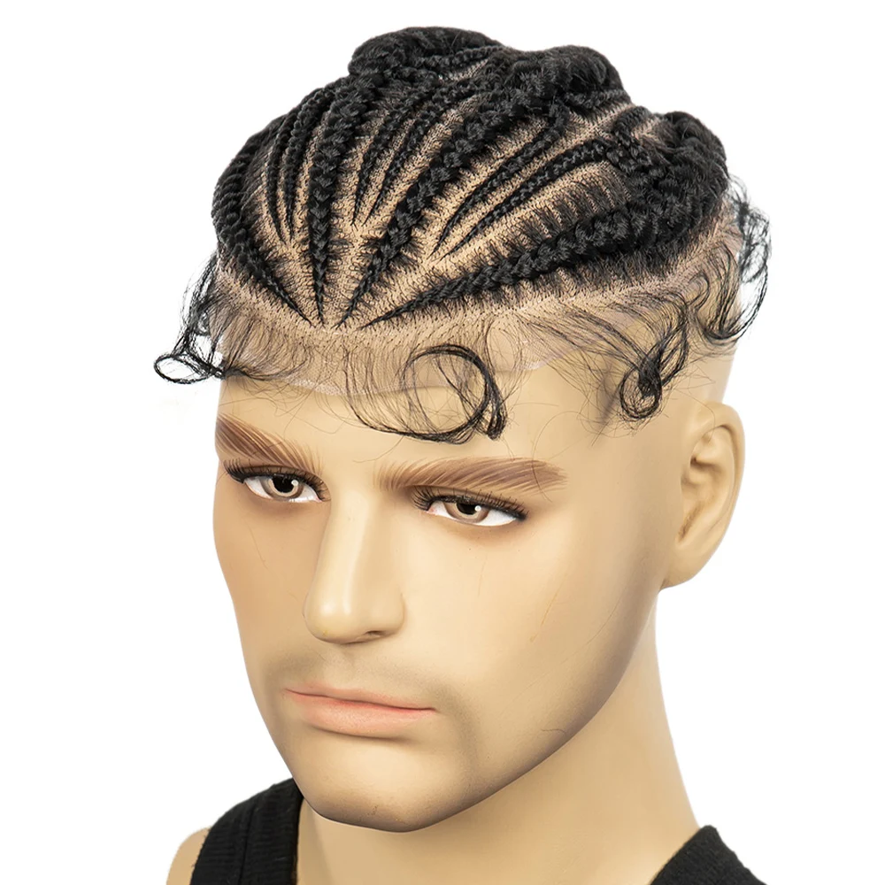 الاصطناعية الشعر القصير الرجال الشعر المستعار HD كامل الدانتيل الذكور قطع الشعر مع ضفائر كورنو الأبيض استبدال الشعر توبر للرجال #4