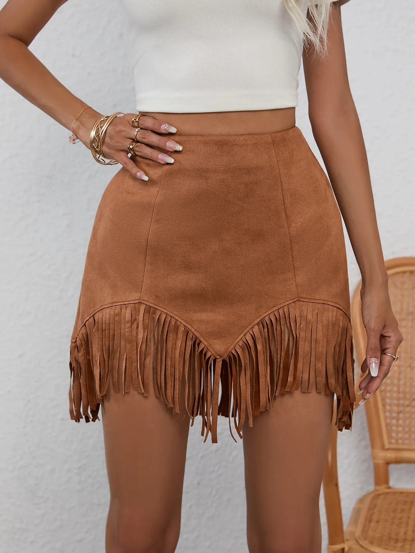 

Women's Suede Fringe Mini Skirt Boho Style Casual Summer Outfit