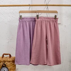 Summer New Girls Cool Loose Wide-Legged Pants 100% Cotton Crepe Children's Daily Casual Elastic Waist Trousers