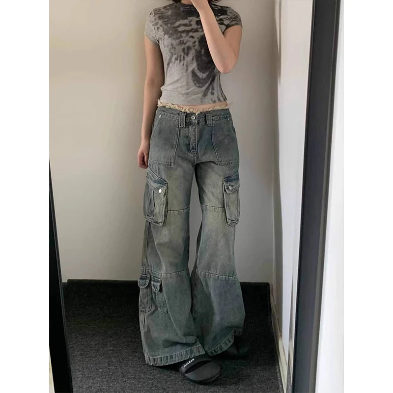 

Korean Y2K 2000s Women's Wide Leg Baggy Denim Trouser Fashion Vintage Casual New High Waist Pants High Street Blue Pockets Jeans