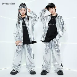 Boys Hip Hop Silver Jacket Street Dance K-pop Cargo Pants Girl PU Leather Clothes Sets Kids Children Teens Jazz Shiny Streetwear