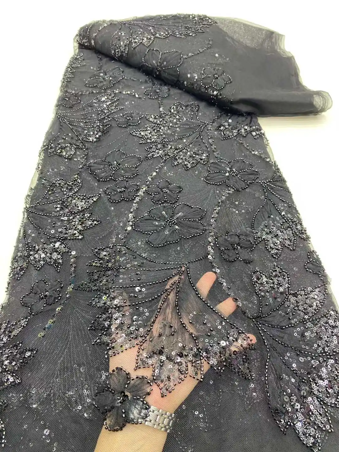 도매 아프리카 비즈 레이스 원단 2025 고품질 나이지리아 럭셔리 스팽글 레이스 프랑스 튤 원단 파티 드레스용