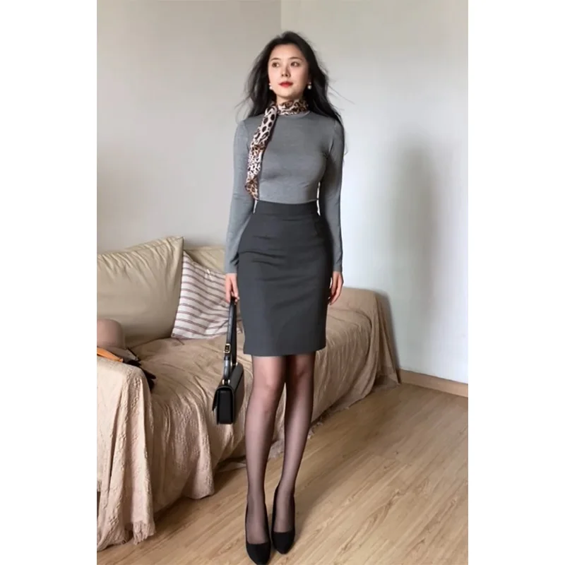 Pure Desire Lady Style Set Women's Mid-Rise Tight-Fit Long Sleeve T-Shirt High Waist  Skirt with Slit A-Line Skirt