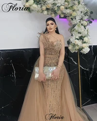 Middle East Champagne Celebrity Dresses With Detachable Train Beaded Vintage Evening Dresses Plus Size Vestidos De Noche