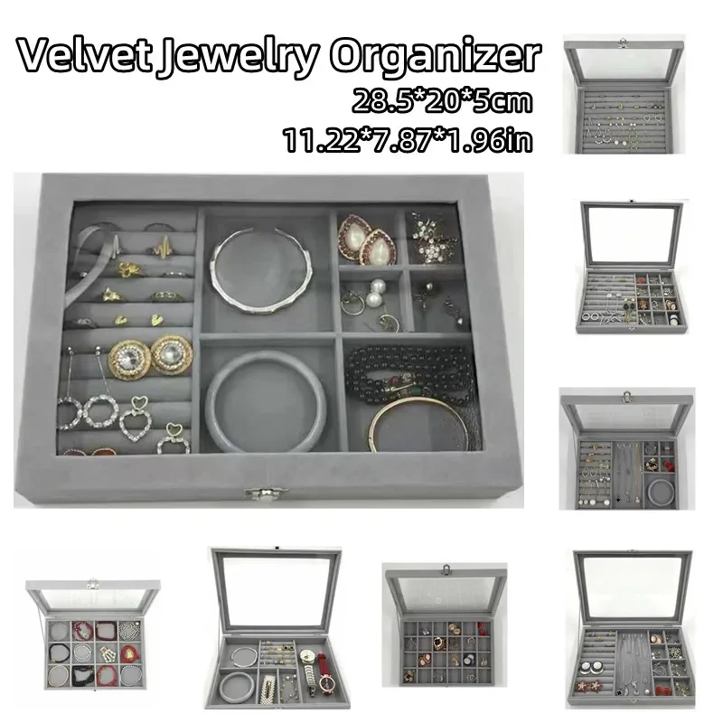 

Velvet Jewelry Display Organizer with Glass Lid Flocking Watch Bracelet Necklace Earrings Rings Storage Box Jewelry Show Case