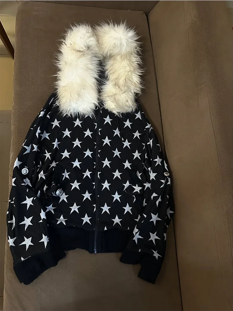 

Куртка с капюшоном Bla Star Print, женская модная универсальная куртка в стиле ретро, осенне-зимнее пальто, универсальное приталенное пальто из смесового хлопка на молнии...